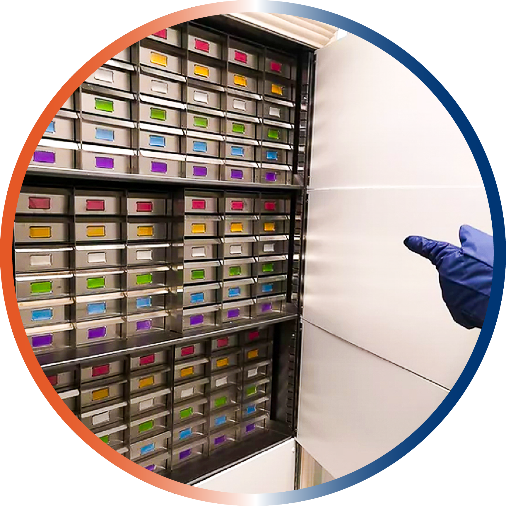 A open freezer with colour-coded racks for patient samples at the SCOPEDIS biobank in Hungary. (c) SCOPEDIS