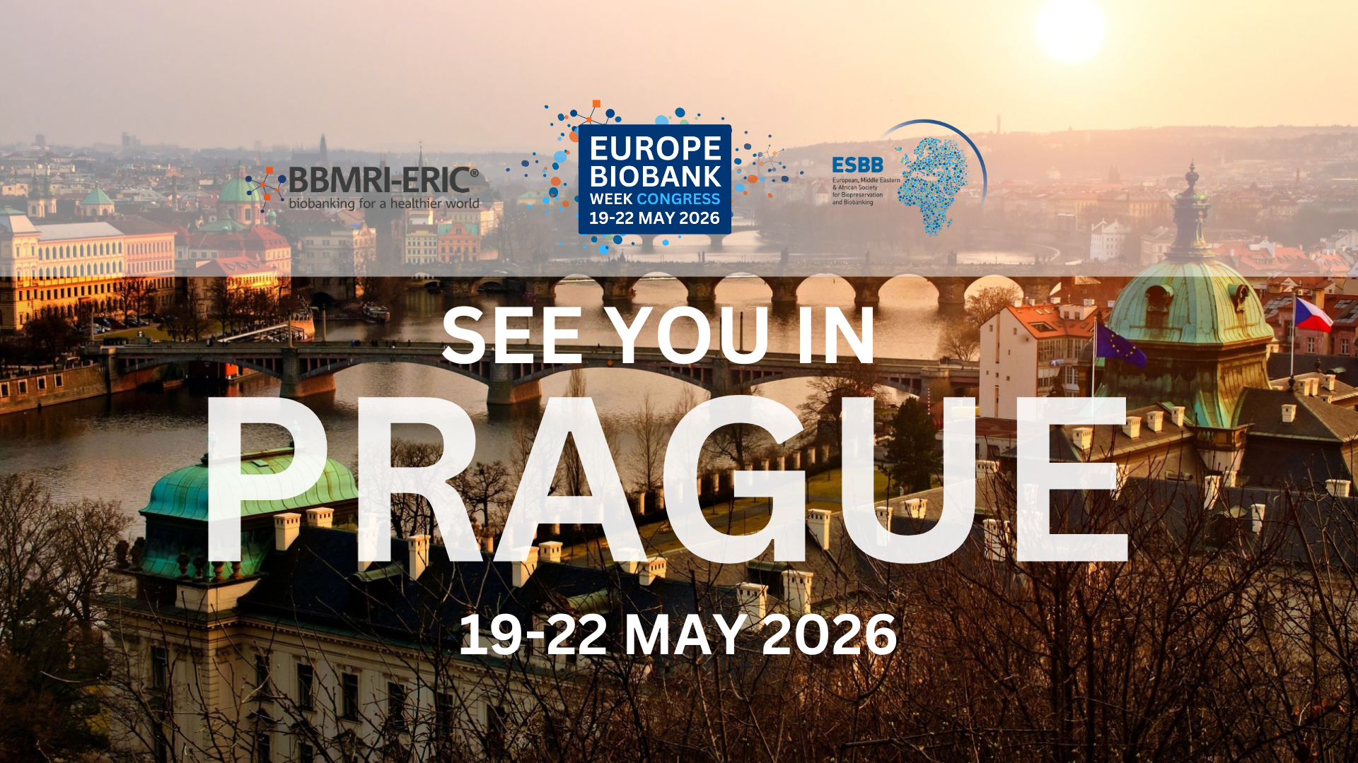 An view over the city Prague with the words "See you in Prague" written over it as promotion for EBW26 in Prague.