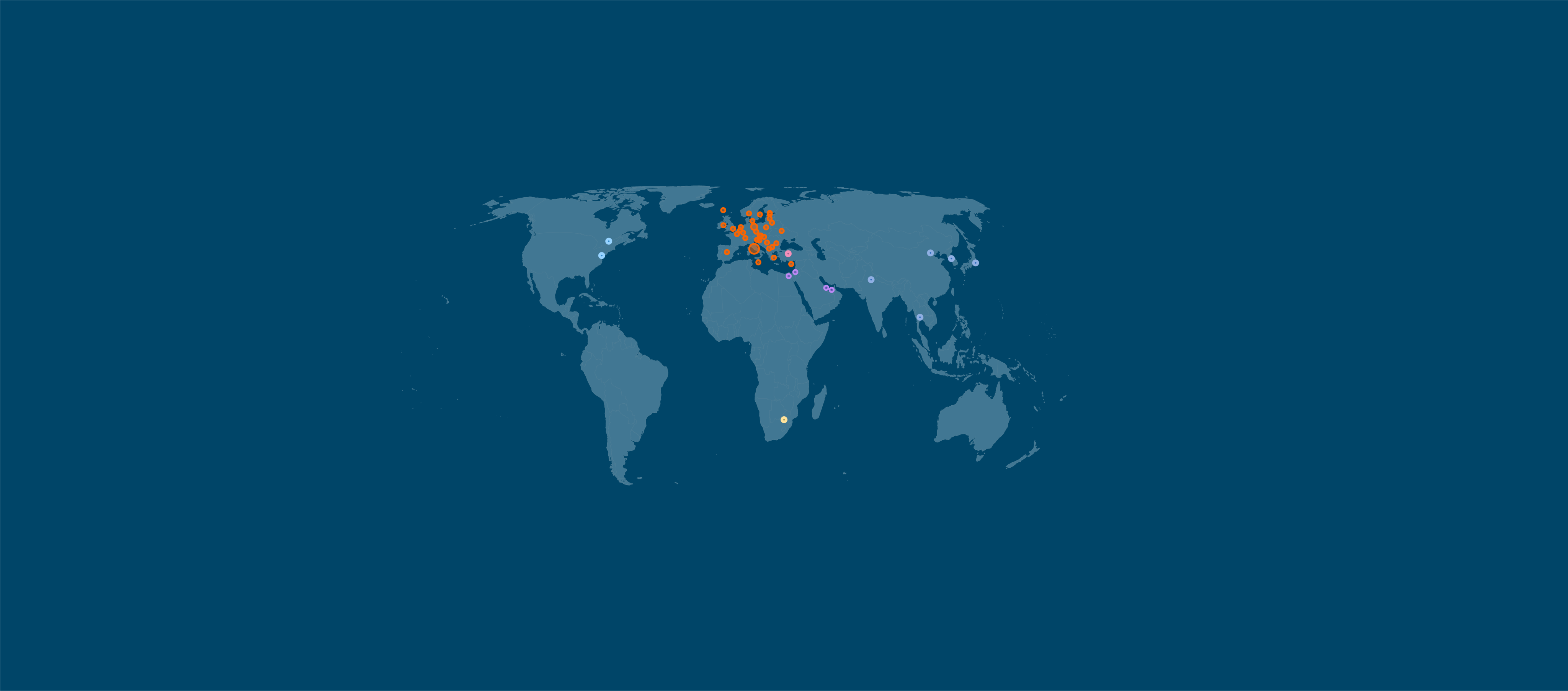 A drawn world map on a dark blue background showing coloured dots that represent from which countries the participants of EBW came. Most dots are in Europe but a few also on other continents.