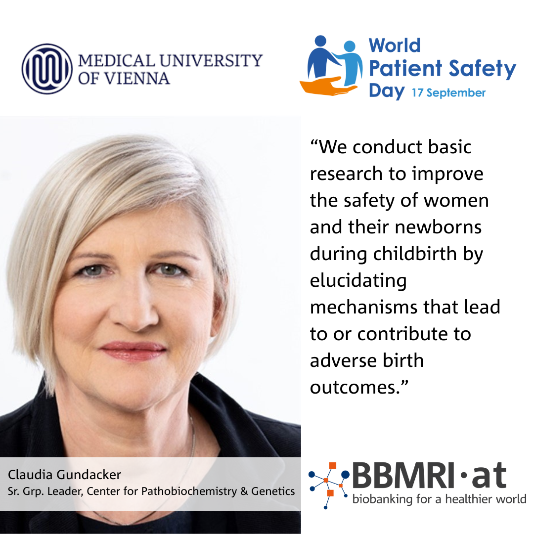 headshot of Claudia Gundacker with quote: We conduct basic research to improve the safety of women and their newborns during childbirth by elucidating mechanisms that lead to or contribute to adverse birth outcomes.