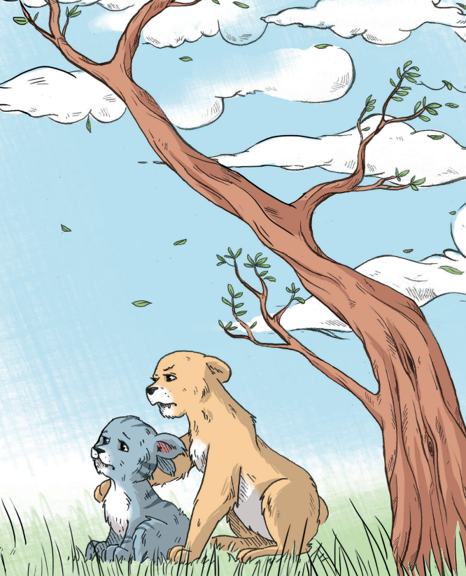 mother lion and baby lion looking angry and sad