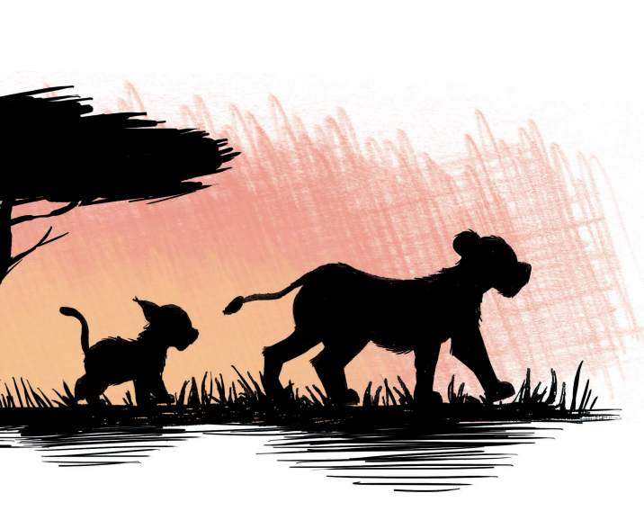 mother lion and baby lion walking at sunset