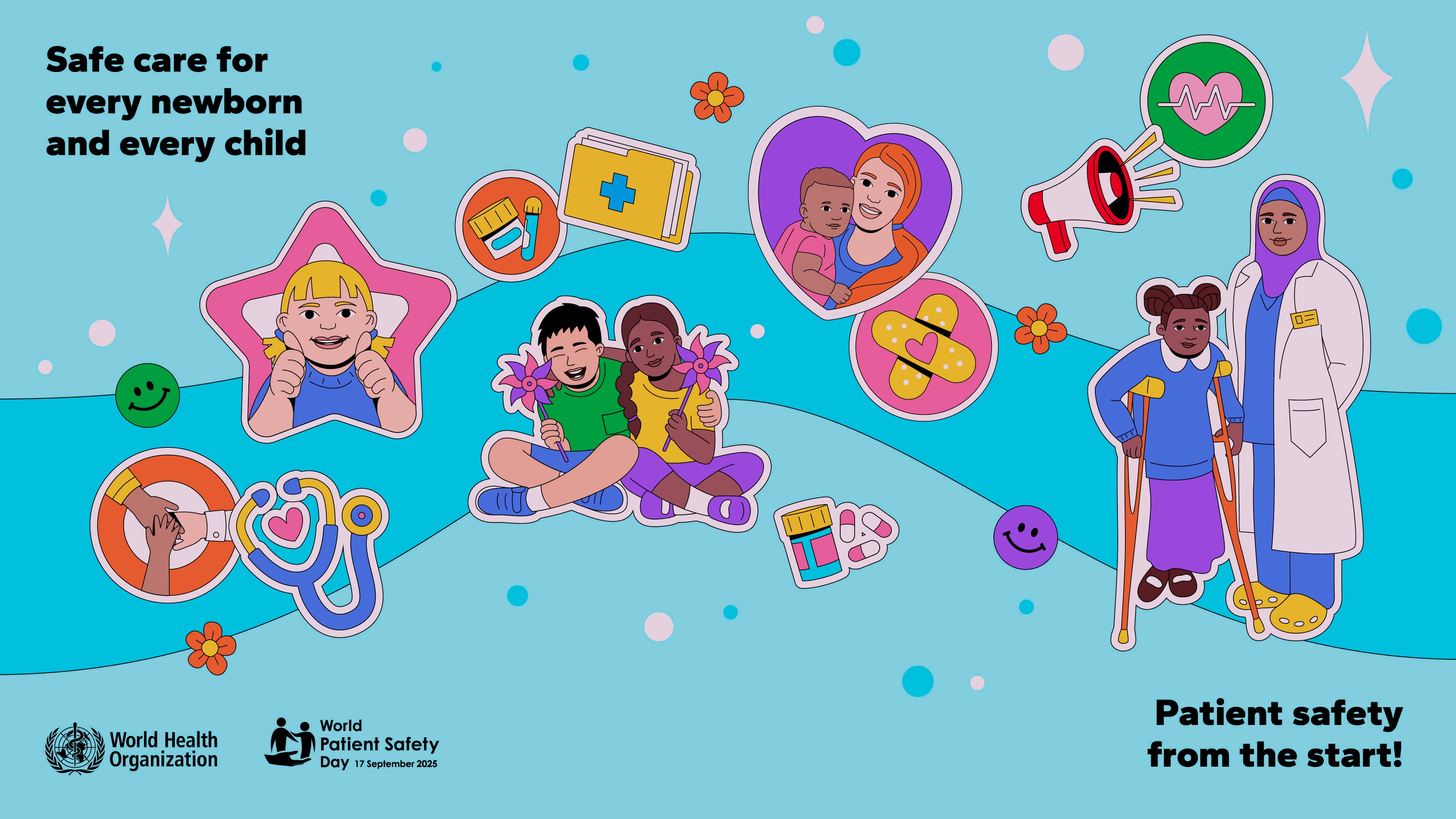 cartoon images of children, doctors and medical items