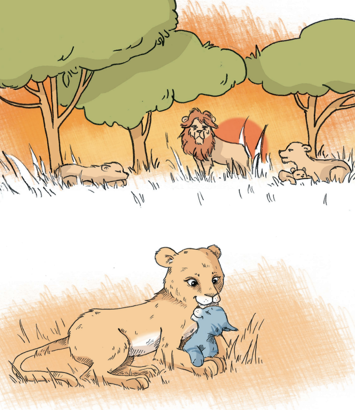 mother lion cuddling baby lion